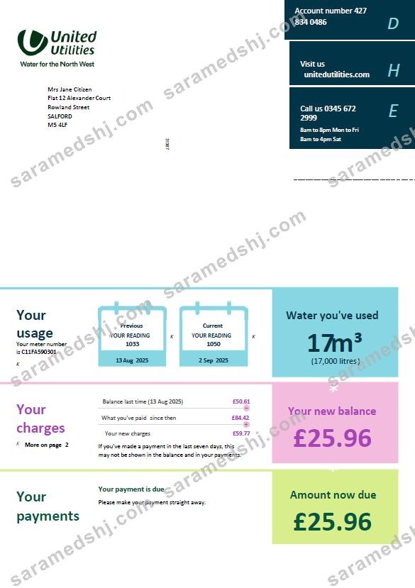 United Kingdom United Utilities utility bill template in Word and PDF formats